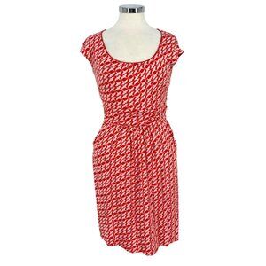 Boden Margot Red White Bird Print Dress Short Sleeve Scoop Neck Size 8 L